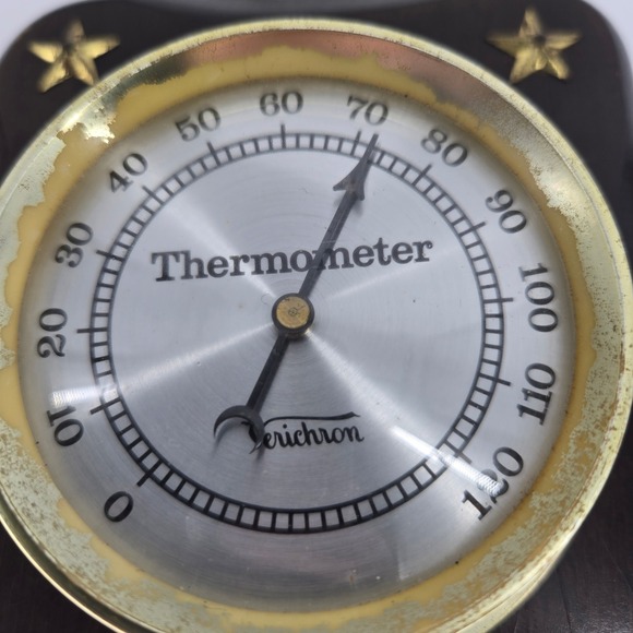 Vintage Verichron Wall Thermometer Wood Plaque Brass Stars Mod V12-4T USA Made - Picture 3 of 7